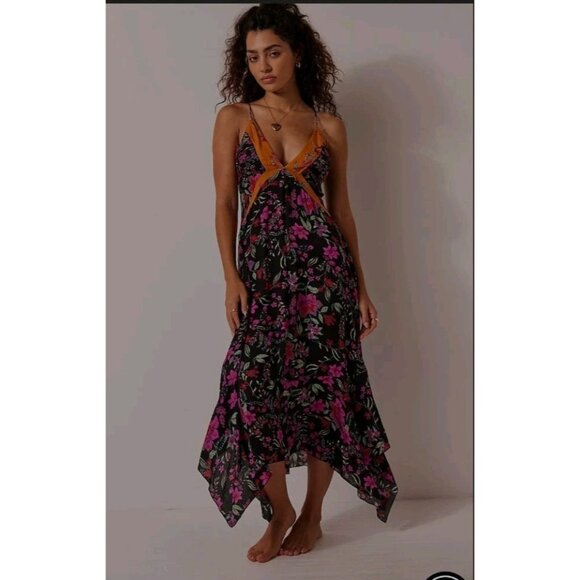 Free People There She Goes Floral Maxi Slip Dress Black Floral Large NWT - Picture 1 of 8